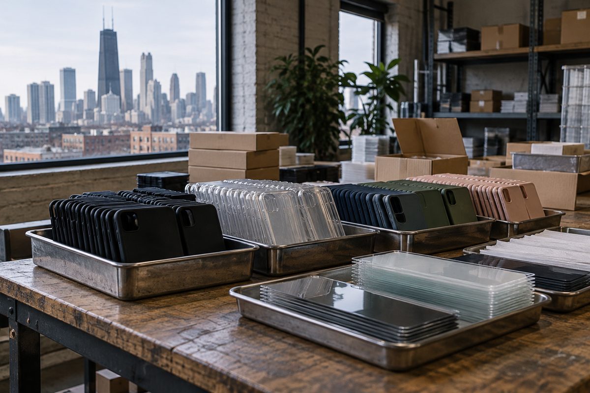 Chicago facility component staging table with catalog cases and inspection trays