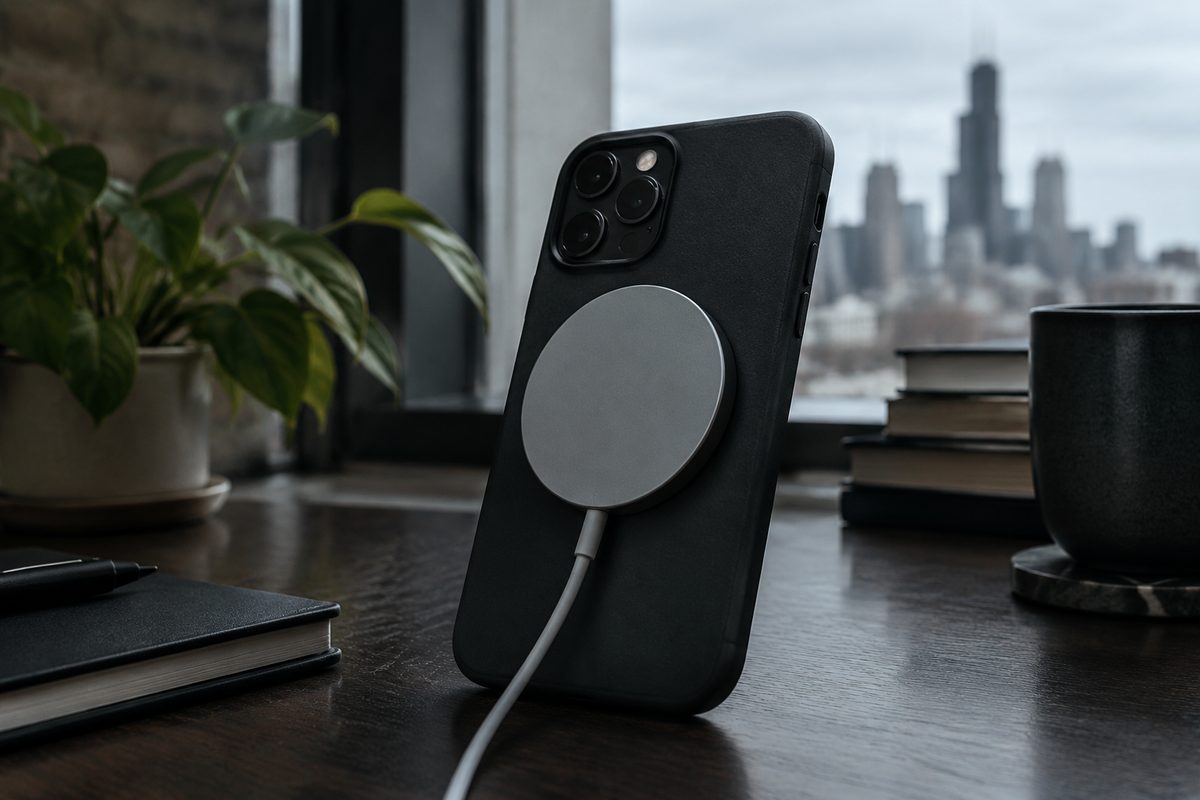 Magnetic wireless charging disc engaged with phone case alignment ring