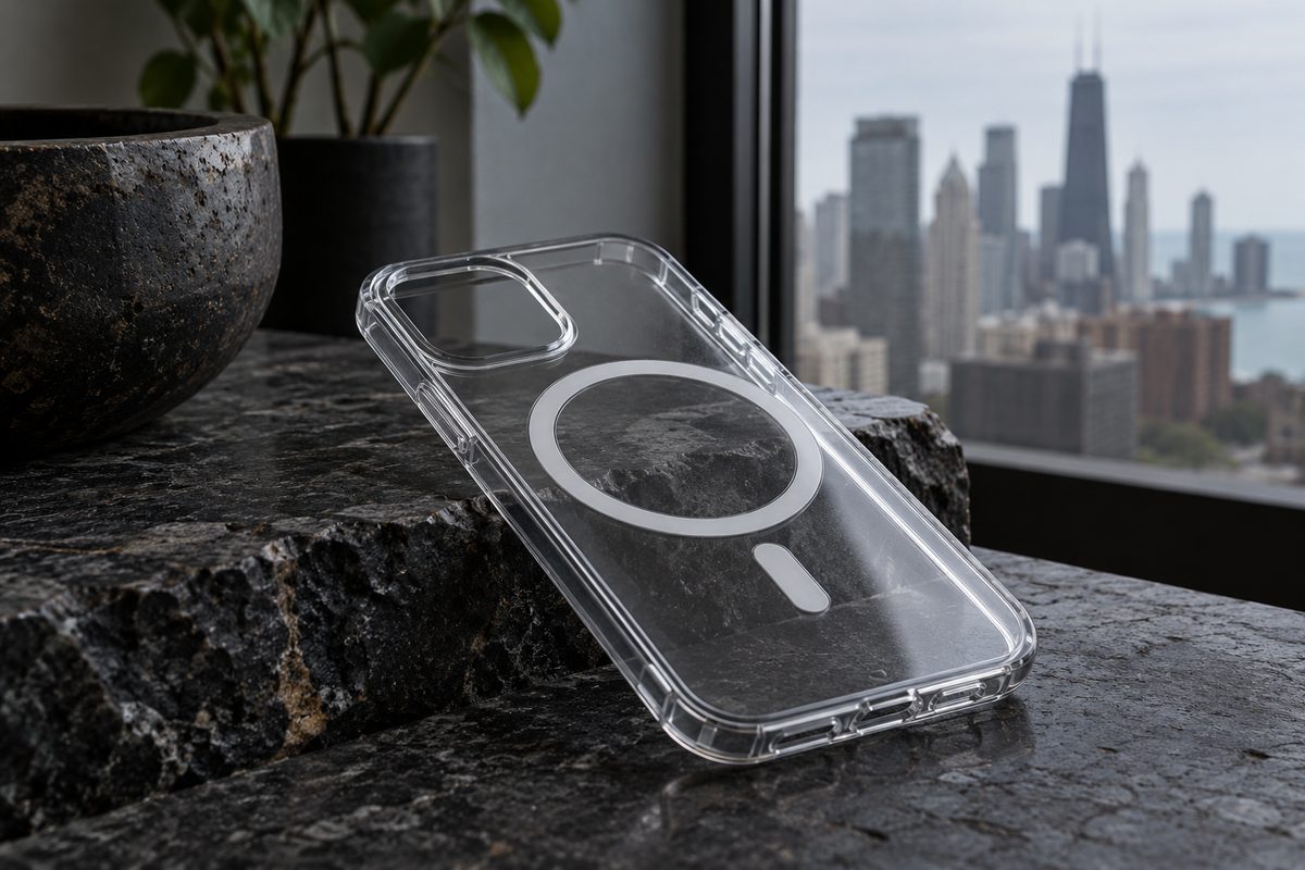 Transparent polycarbonate MagSafe case with embedded neodymium magnet array